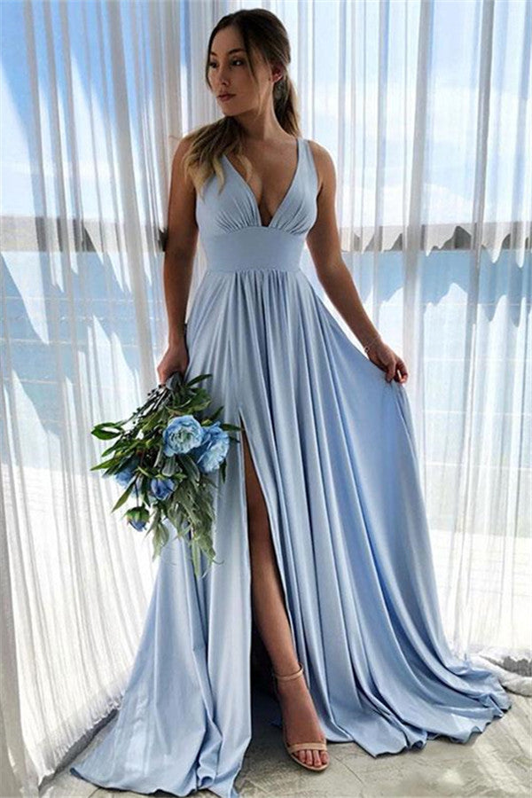 V-Neck Sleeveless Simple Prom Dress Long Evening Gowns