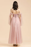 V-neck Tulle Long Evening Pink Prom Dress Online