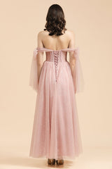 V-neck Tulle Long Evening Pink Prom Dress Online