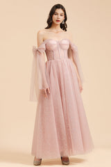 V-neck Tulle Long Evening Pink Prom Dress Online