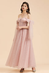 V-neck Tulle Long Evening Pink Prom Dress Online