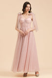 V-neck Tulle Long Evening Pink Prom Dress Online