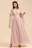 V-neck Tulle Long Evening Pink Prom Dress Online