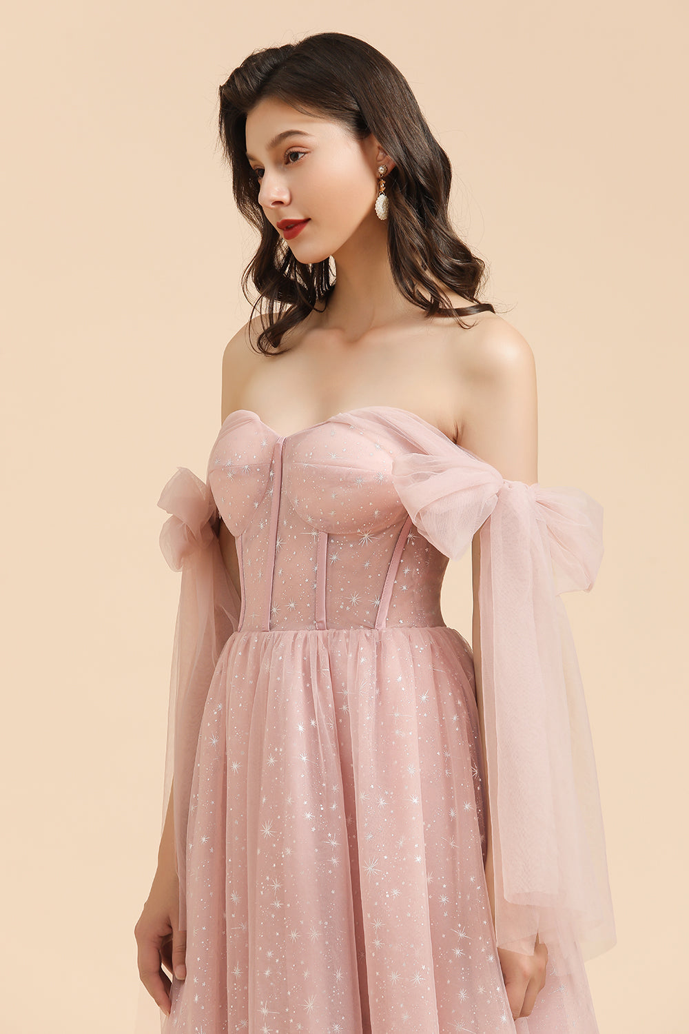 V-neck Tulle Long Evening Pink Prom Dress Online