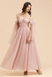 V-neck Tulle Long Evening Pink Prom Dress Online