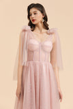 V-neck Tulle Long Evening Pink Prom Dress Online