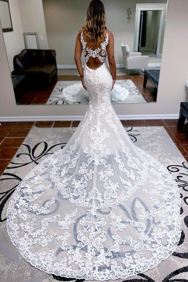 V-Neck Wedding Dress Mermaid Lace Sleeveless
