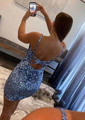 Velvet Sequins Homecoming Dress - Sheath/Column V Neck Sleeveless Short/Mini