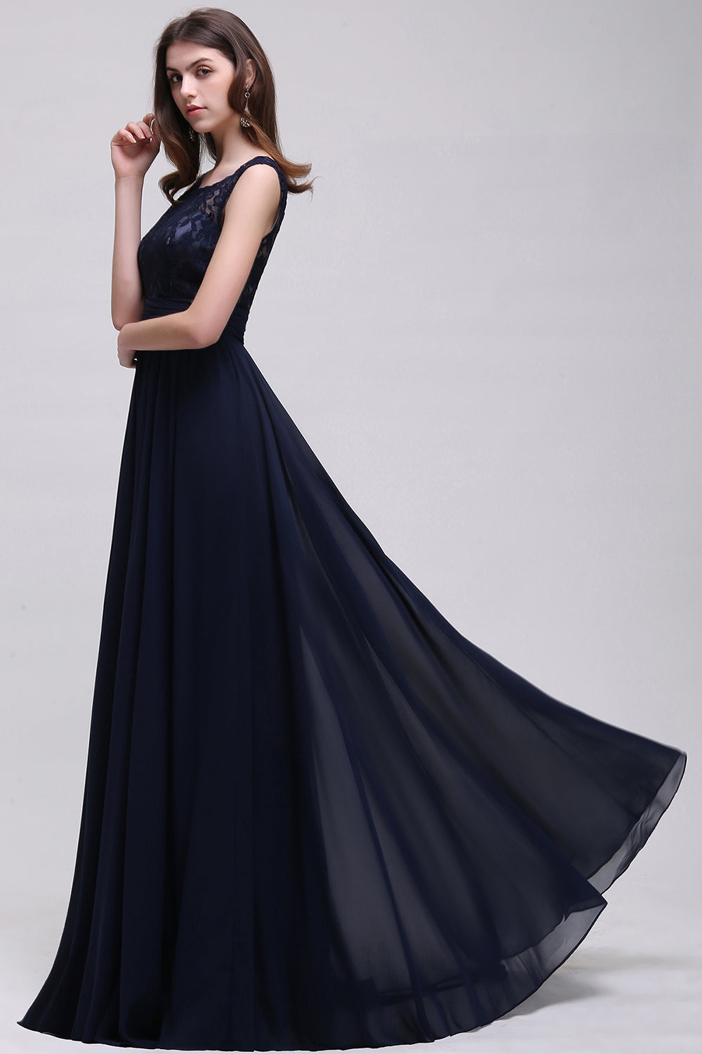 Vintage Lace Scoop Sleeveless Dark Blue Bridesmaid Dress with V-Back