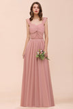 Vintage Mauve Chiffon Straps Ruffle Affordable Bridesmaid Dress
