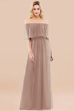 Vintage Off-the-Shoulder Long Burgundy Bridesmaid Dress with Ruffle