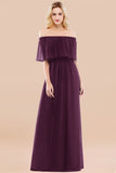 Vintage Off-the-Shoulder Long Burgundy Bridesmaid Dress with Ruffle