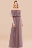 Vintage Off-the-Shoulder Long Burgundy Bridesmaid Dress with Ruffle