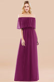 Vintage Off-the-Shoulder Long Burgundy Bridesmaid Dress with Ruffle