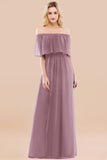 Vintage Off-the-Shoulder Long Burgundy Bridesmaid Dress with Ruffle