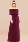 Vintage Off-the-Shoulder Long Burgundy Bridesmaid Dress with Ruffle