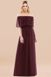 Vintage Off-the-Shoulder Long Burgundy Bridesmaid Dress with Ruffle