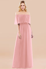 Vintage Off-the-Shoulder Long Burgundy Bridesmaid Dress with Ruffle