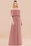 Vintage Off-the-Shoulder Long Burgundy Bridesmaid Dress with Ruffle