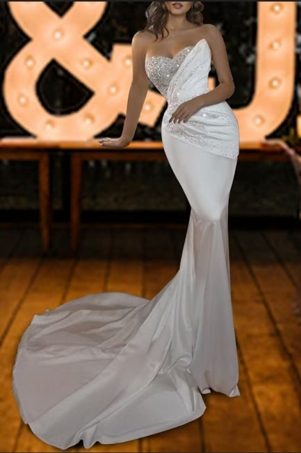 Vintage Strapless Mermaid Satin Wedding Dress with Sequined Sleeveless Design