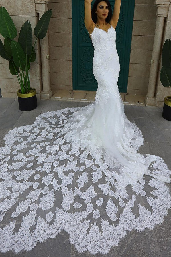 White Lace Wedding Dress Mermaid Sleeveless Long Train