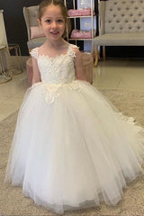 White Lovely Flower Girl Dress Tulle With Lace Appliques
