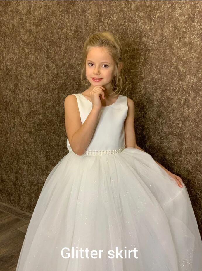 White Tulle Glitter Flower Girl Dress With Bowknot Back