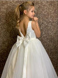 White Tulle Glitter Flower Girl Dress With Bowknot Back