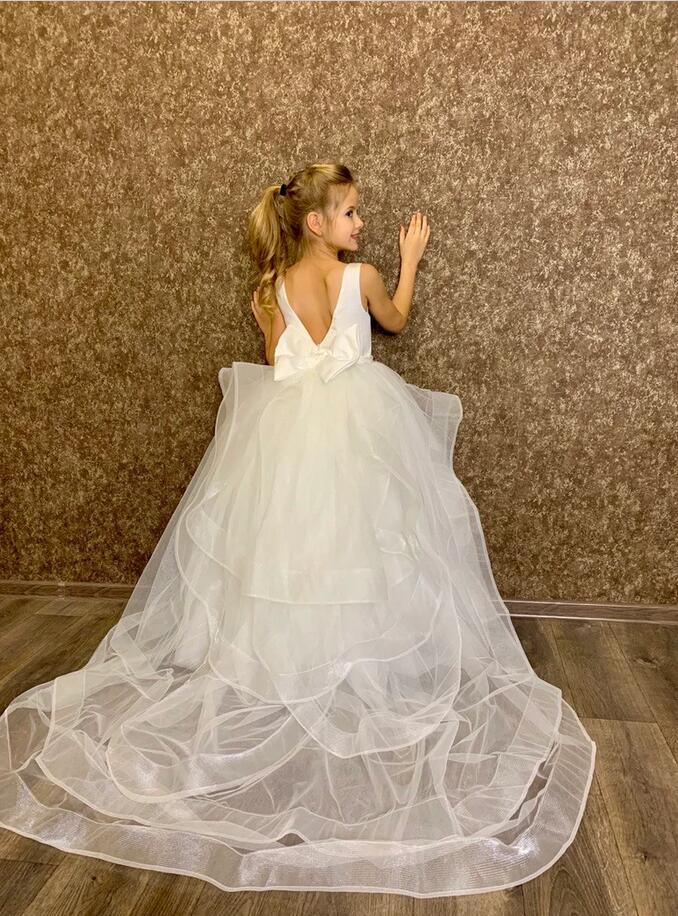 White Tulle Glitter Flower Girl Dress With Bowknot Back