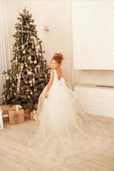 White Tulle Glitter Flower Girl Dress With Bowknot Back