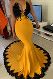 Yellow Halter Mermaid Prom Dress With Black Appliques