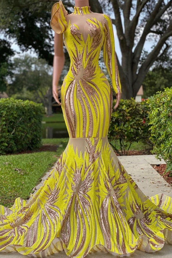 Yellow Long Sleeves Prom Dress Mermaid Sequins Online