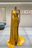 Yellow Long Sleeves Prom Dress Mermaid With Beadings