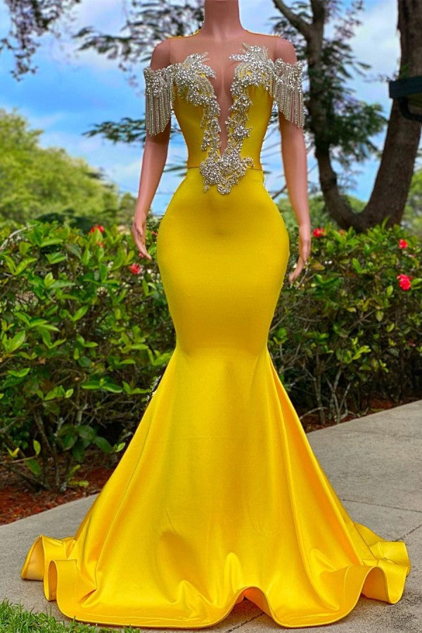 Yellow Off-the-Shoulder Prom Dress Mermaid With Appliques Tassels