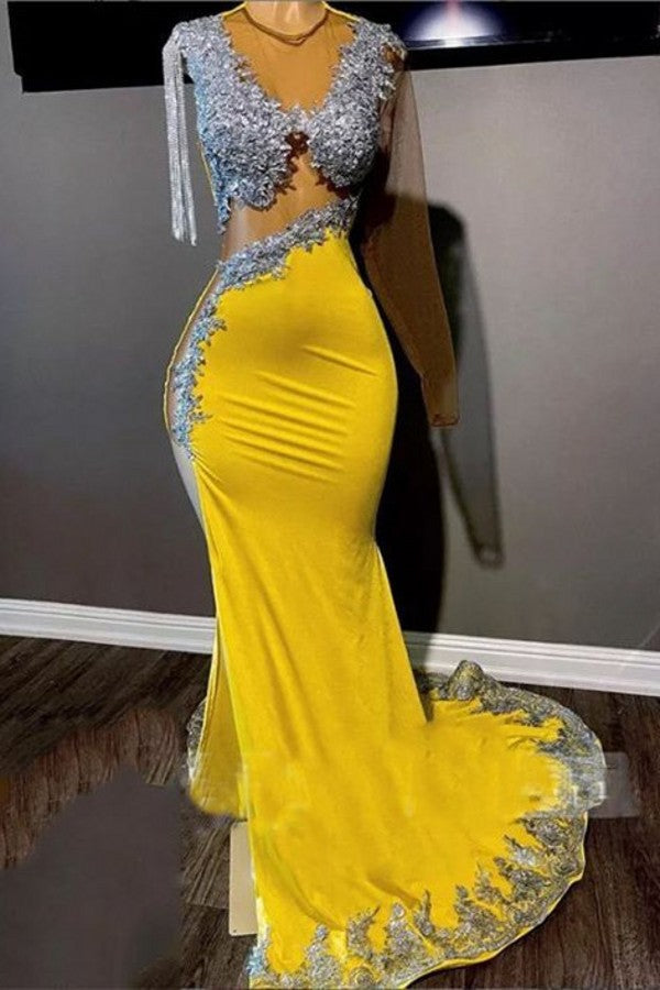 Yellow One Shoulder Long Sleeves Prom Dress Mermaid With Appliques