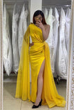 Yellow One Shoulder Prom Dress Mermaid Split With Ruffle