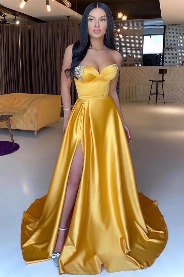 Yellow Sweetheart Prom Dresses Long Slit With Crystal