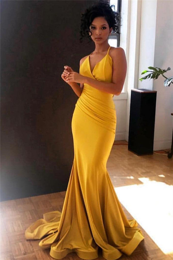 Yellow V-Neck Mermaid Prom Dress Sleeveless Online